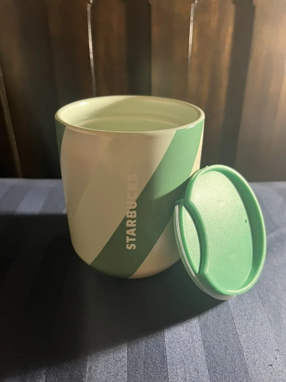 Starbucks 2022 Holiday Mint Green Striped Ceramic 8 oz. Tumbler w/Green Lid New